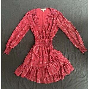 Michael Kors Red Metallic Plaid Long Sleeve Smocked Waist Ruffle Dress Size M